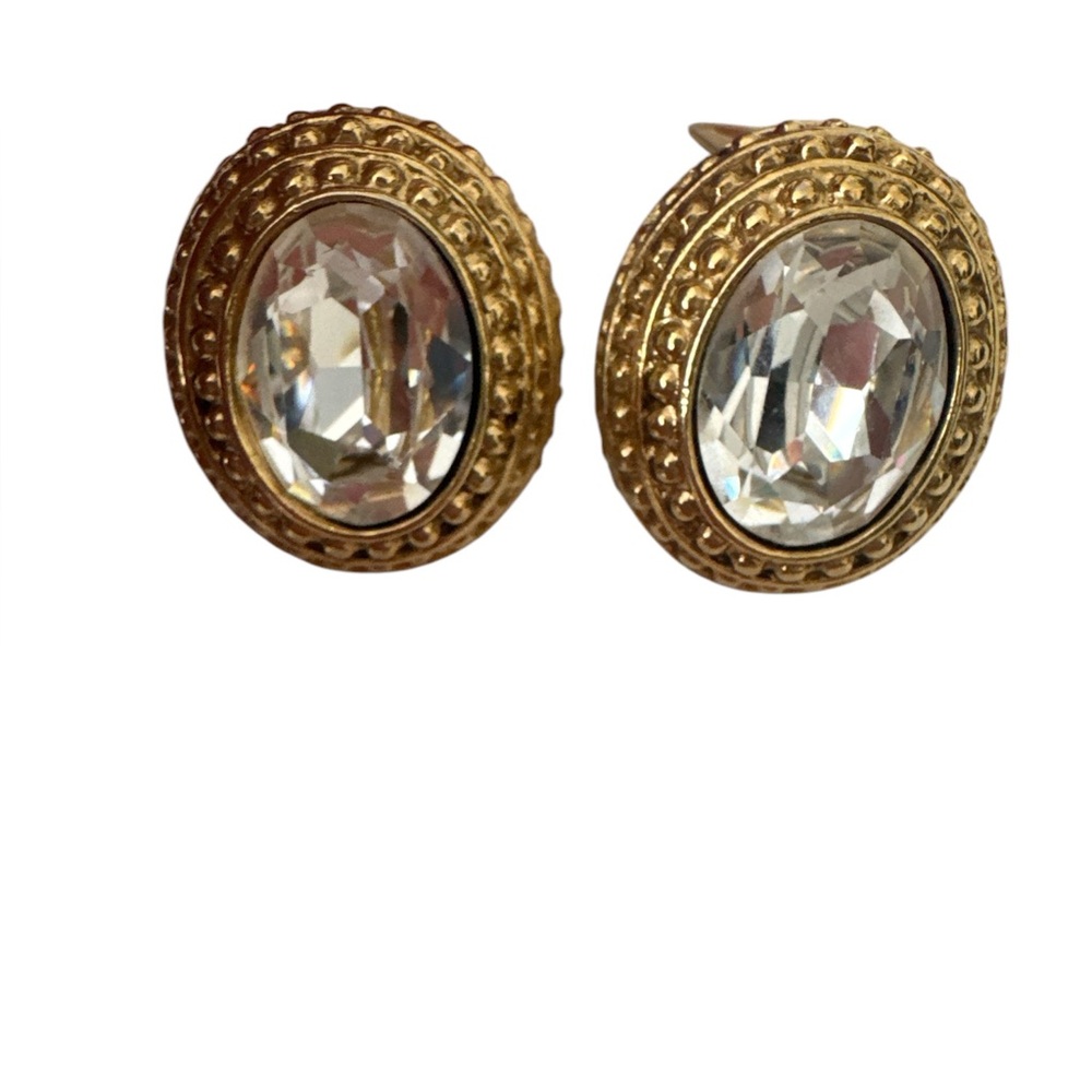 Vintage Large Chunky Oval Clip-On Earrings Crystal Goldtone  Alfred Sung